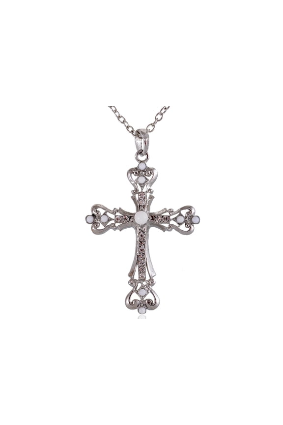 Silvery Tone Clear Crystal Colored Rhinestones White Cross Pendant Chain Necklace