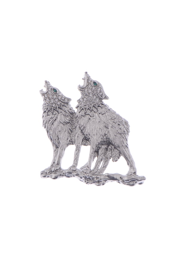 Silvery Tone Clear Rhinestones Emerald Green Eyes Howling Couple Wolves Animals Lapel Brooch Pin