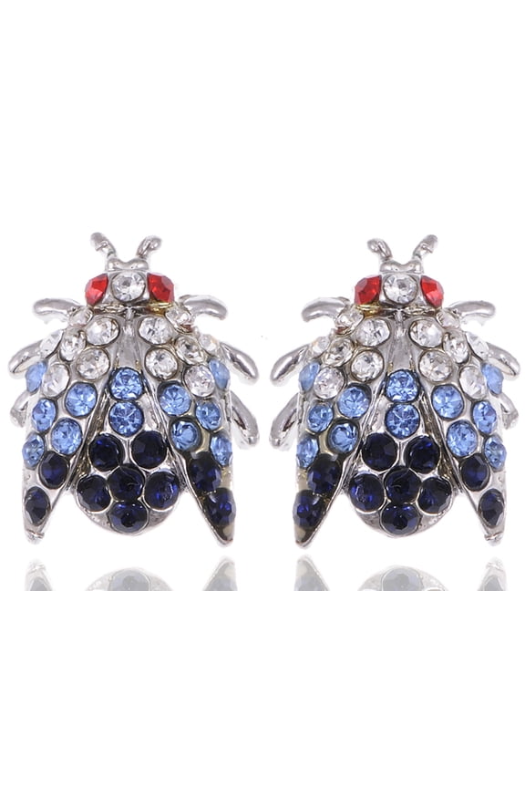 Silvery Tone Insect House Fly Beetle Creature Crystal Rhinestone Element Earrings