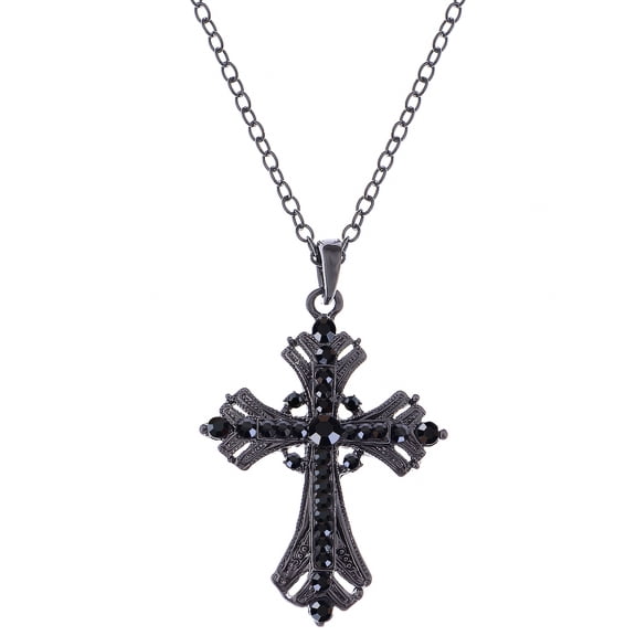 Silvery Tone Religious Cross Pendant Necklace w/Black Or Clear Crystal Rhinestones
