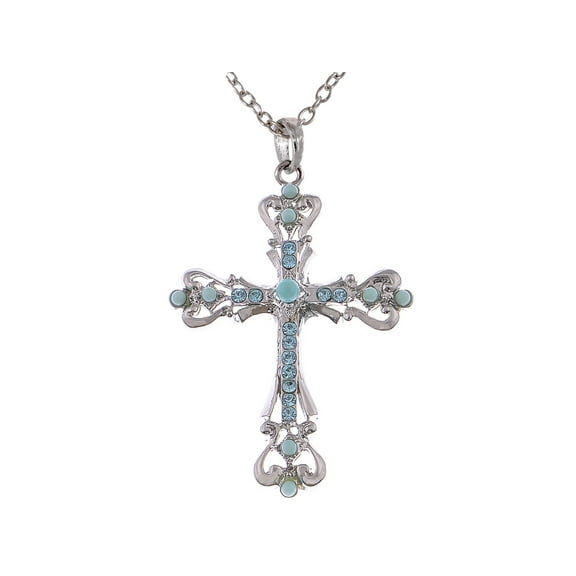 Silvery Tone Rhinestone Ornate Cross Pendant Necklace White Black Blue Green Pink