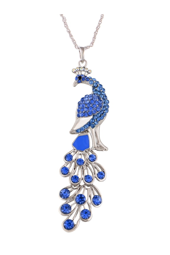 Silvery Tone Shine Blue Crystal Rhinestones Peacock Bird Pendant Chain Necklace
