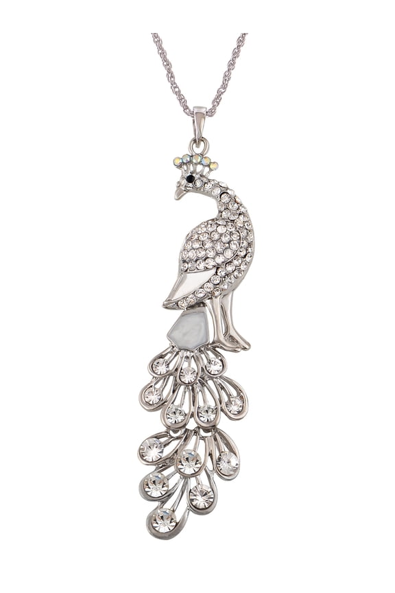 Silvery Tone Shine Clear Crystal Rhinestones Peacock Bird Pendant Chain Necklace