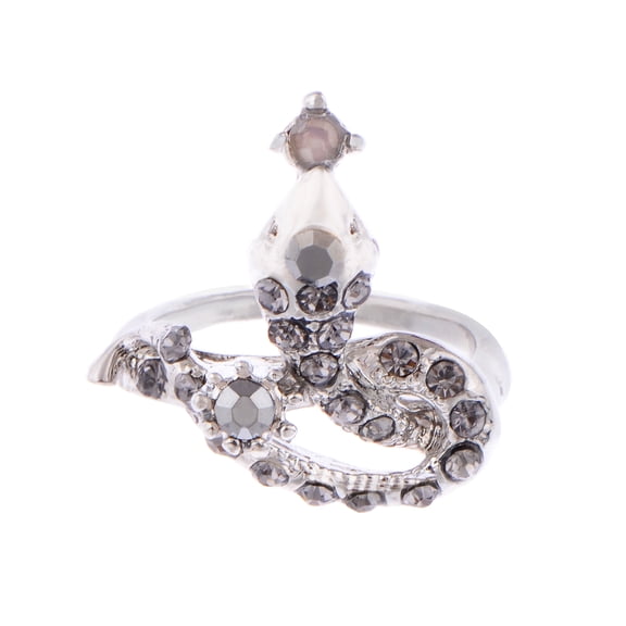 Silvery Tone Shiny Grey Black Crystal Rhinestones Serpent Snake Statement Ring, Silver