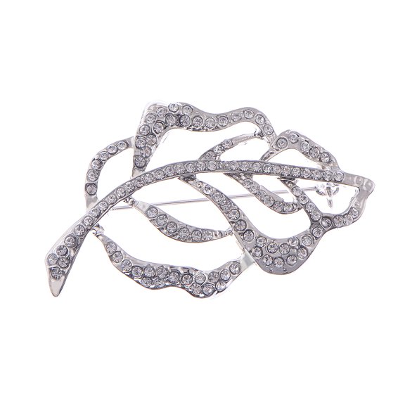 Silvery Tone Sparkly Clear Crystal Rhinestones Leaf Feather Brooch Pin