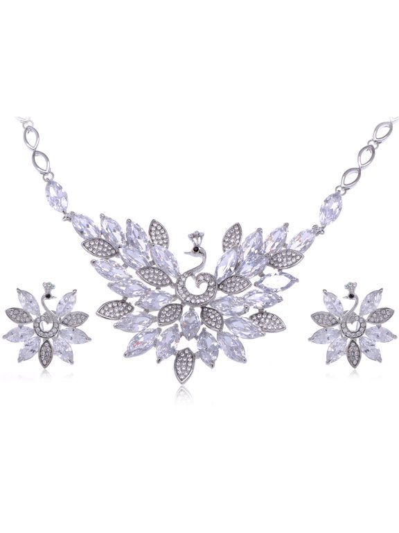 Silvery Tone Swarovski Crystal Elements Peacock Necklace and Earring Set