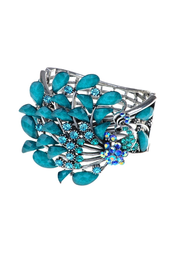 Silvery Tone Turquoise Blue Colored Stones Vintage Peacock Bird Cuff Bracelet