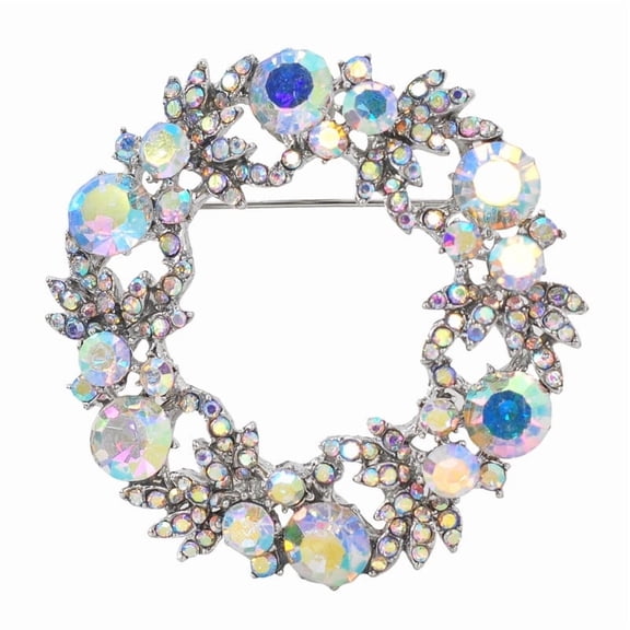 Gyn&Joy Silvery Tone Wedding Party Daily Accessories Aurora Borealis Crystal Rhinestone Flower Wreath Brooch Pin