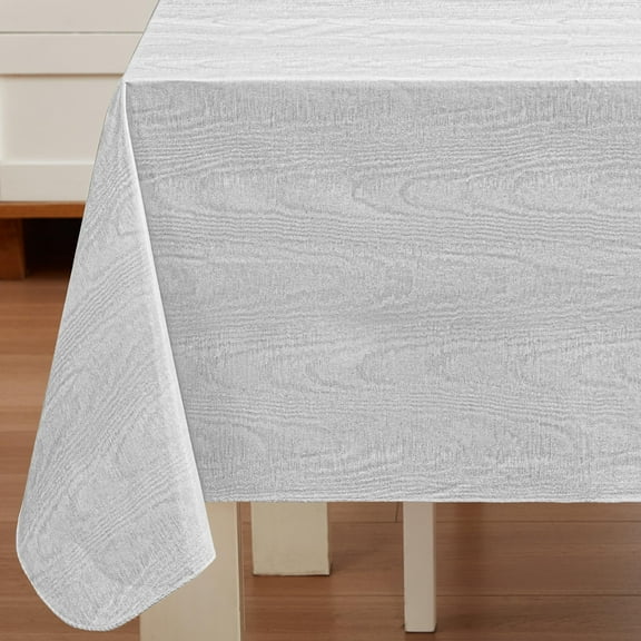 Silvery White Moire Wavy Solid 60 x 84 inch Oval Vinyl Dining Tablecloth with Flannel Backing