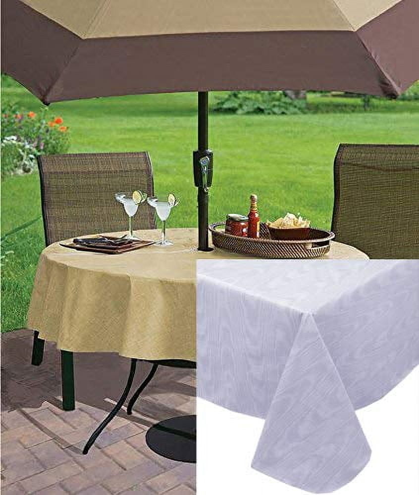 70 round patio table cloth with umbrella hole flannel backed Silvery White Moire Wavy Solid 70 inch Zipper Umbrella Round Vinyl Dining  Tablecloth with Flannel Backing