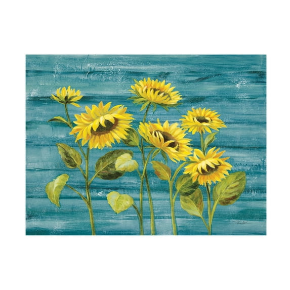Silvia Vassileva 'Cottage Sunflowers Teal' Canvas Art