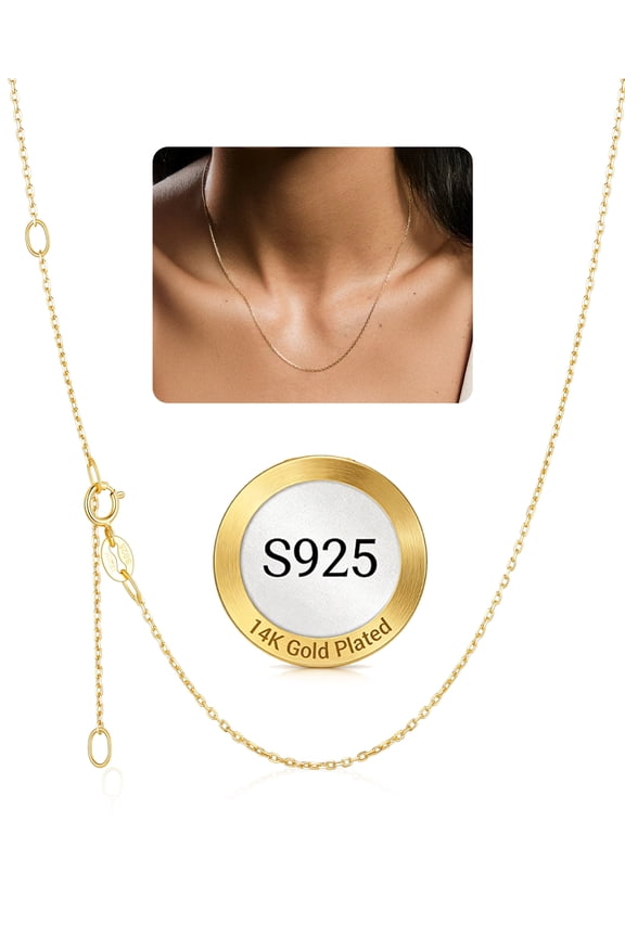 14K Gold Plated 1.1mm 925 Sterling Silver Thin Chain Necklace for Women Adjustable Dainty Necklaces Birthday Christmas Valentines Mother's Day Jewelry Gift