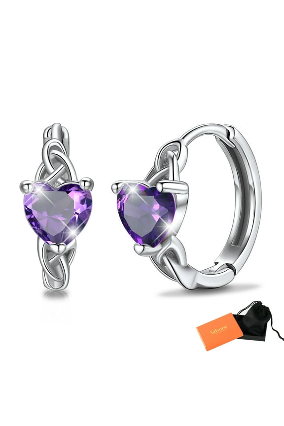 Sterling Silver Birthstone Hoop Earrings for Women Celtic Knot Created Diamond Dainty Earring Birthday Christmas Valentines Jewelry Gift, February