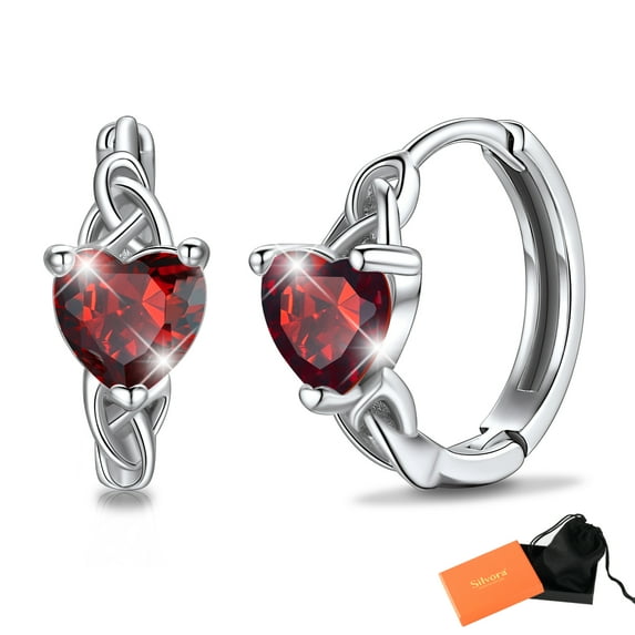 Silvora Sterling Silver Birthstone Hoop Earrings for Women Celtic Knot Created Diamond Dainty Earring Birthday Christmas Valentines Jewelry Gift, January