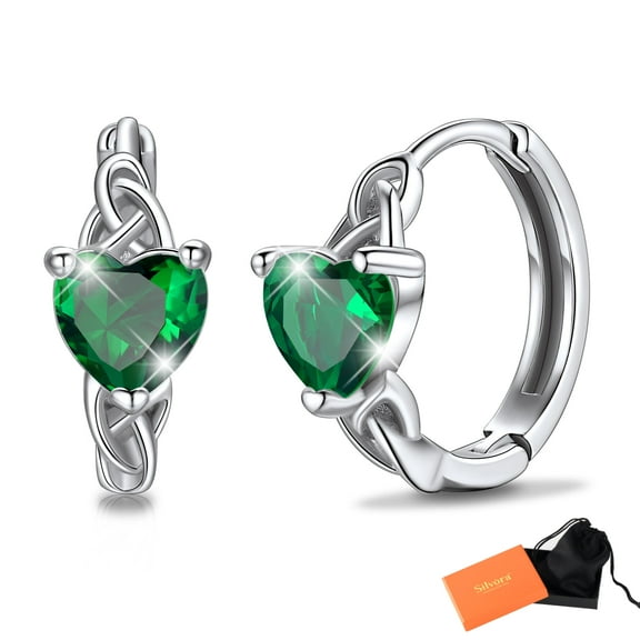 Silvora Sterling Silver Hoop Earrings with Birthstone Earring for Women Heart Shape Green Emerald Celtic Knot Birthday Christmas Jewelry Gift, May