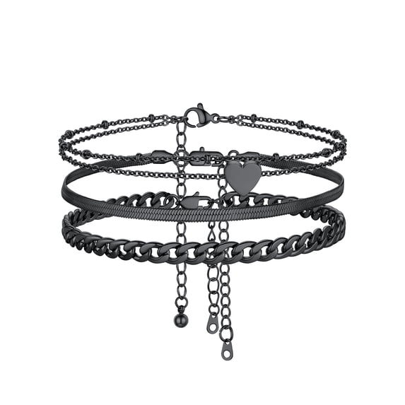 Silvora 3PCS Black Anklets for Women Stainless Steel Stackable Beaded Heart Chain Flat Snakle Cuban Chain Layered Ankle Bracelet Set Adjustable Foot Chain Beach Jewelry Gifts for Wife Anniversary