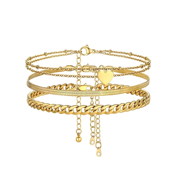 Silvora 3PCS Layered Anklets for Women Gold Plated Stackable Beaded Flat Snakle Chain Cuban Chain Ankle Bracelet Set Waterproof Foot Chain Summer Pool Boho Jewelry Gifts for Daughter