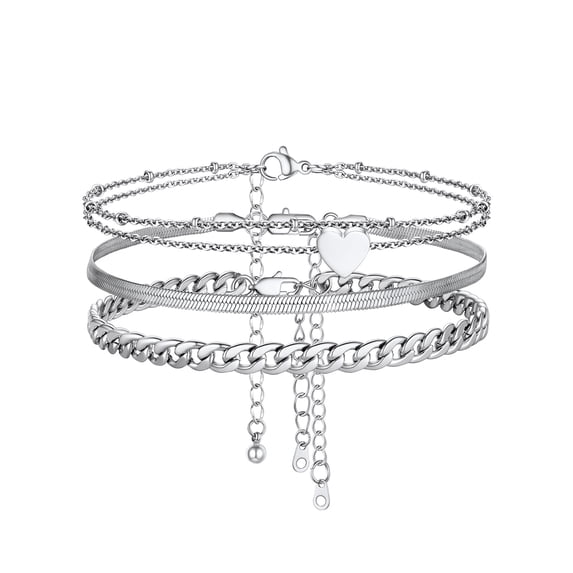 Silvora 3PCS Layered Anklets for Women Silver Stainless Steel Stackable Flat Snakle Cuban Chain Heart Ankle Bracelet Set Adjustable Foot Chain Beach Boho Jewelry Gifts for Birthday Mothers Day