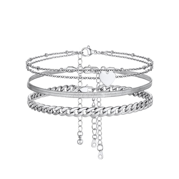 Silvora 3PCS Layered Anklets for Women Silver Stainless Steel Stackable Flat Snakle Cuban Chain Heart Ankle Bracelet Set Adjustable Foot Chain Beach Boho Jewelry Gifts for Birthday Mothers Day