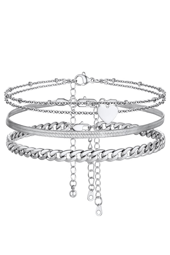3PCS Layered Anklets for Women Silver Stainless Steel Stackable Flat Snakle Cuban Chain Heart Ankle Bracelet Set Adjustable Foot Chain Beach Boho Jewelry Gifts for Birthday Mothers Day