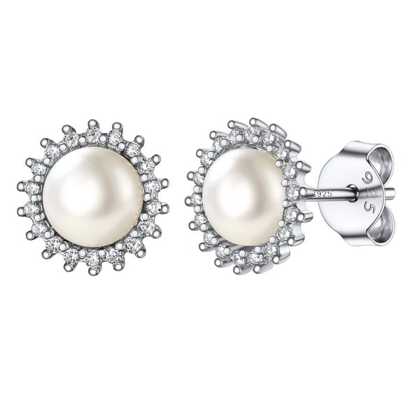 Silvora 6mm Freshwater Cultured Pearl Earrings with Shiny Cubic Zirconia, 925 Sterling Silver Stud Earrings for Women Dainty Jewelry Gift