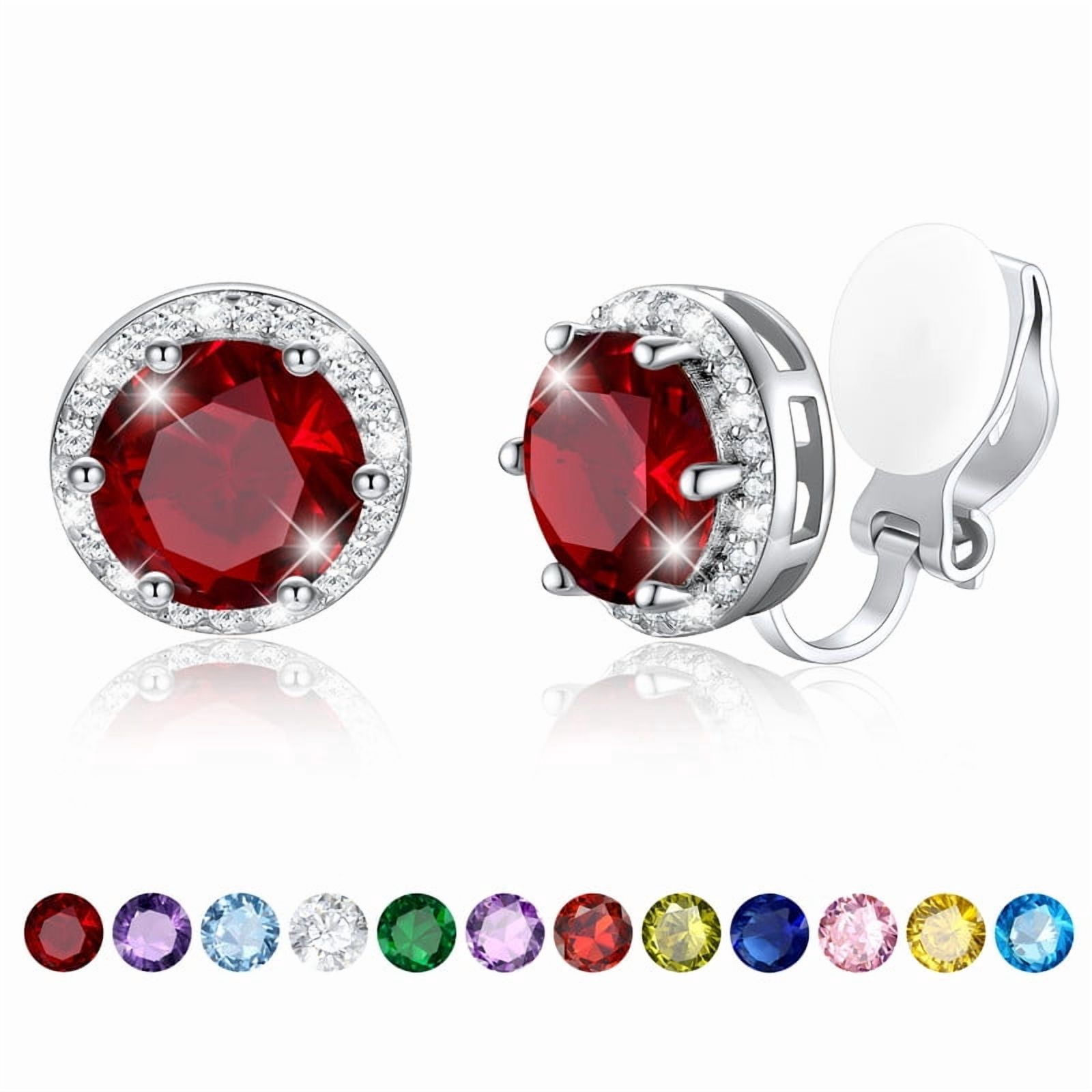 Silvora Sterling Silver Clip on Earrings for Women Round Birthstone Stud Earring Dainty Birthday Christmas Valentines Jewelry Gift, January