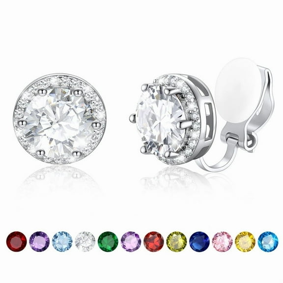 Silvora Sterling Silver Clip on Earrings for Women Round Birthstone Stud Earring Dainty Birthday Christmas Valentines Jewelry Gift, April