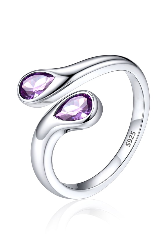 Sterling Silver Birthstone Rings for Women Pear Shaped Purple Amethyst Open Ring Birthday Christmas Jewelry Gift for Wife Mother Girlfriend, February