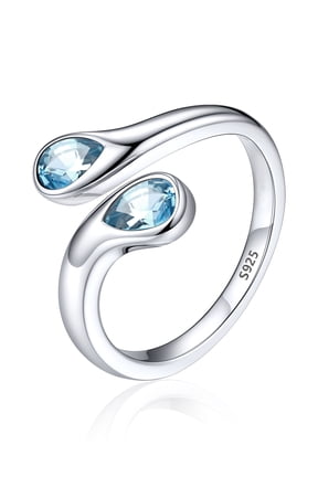 Sterling Silver Birthstone Rings for Women Pear Shaped Blue Aquamarine Open Ring Birthday Christmas Jewelry Gift for Wife Mother Girlfriend, March