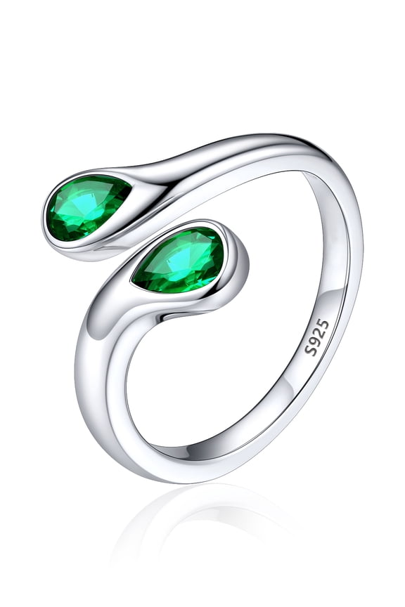 Sterling Silver Birthstone Rings for Women Pear Shaped Green Emerald Open Ring Birthday Christmas Jewelry Gift for Wife Mother Girlfriend, May