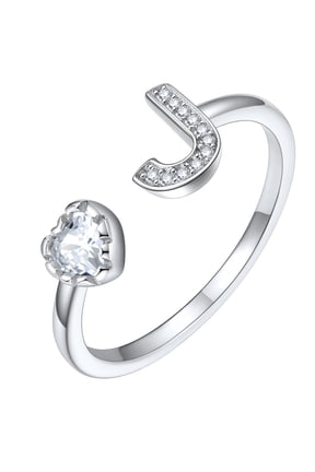 Sterling Silver Initial Heart Engagement Ring for Women Cubic Zirconia Thumb Rings Pinky Ring Jewelry Gift for Wife Mother Girlfriend, J