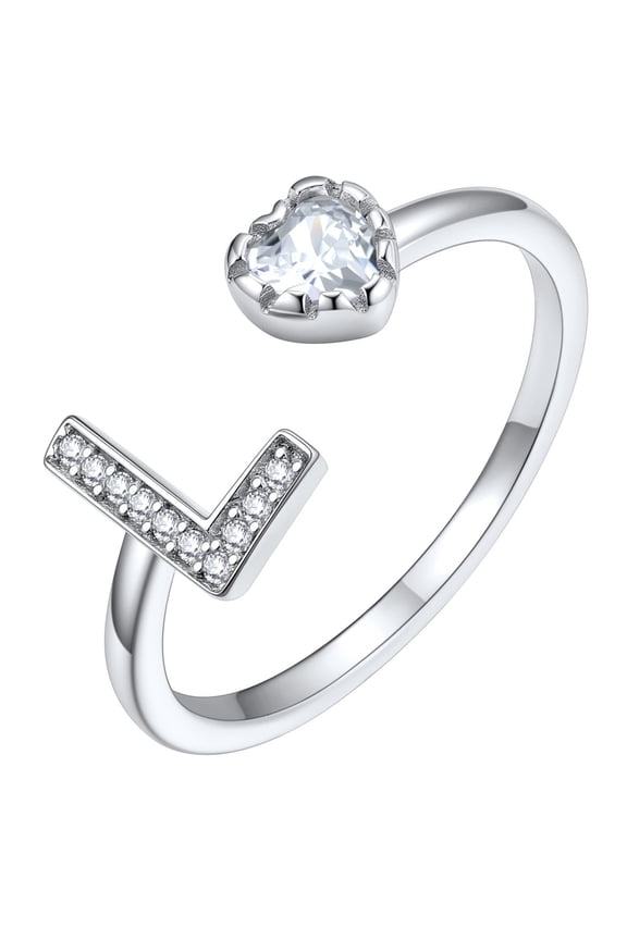 Sterling Silver Initial Heart Engagement Ring for Women Cubic Zirconia Thumb Rings Pinky Ring Jewelry Gift for Wife Mother Girlfriend, L