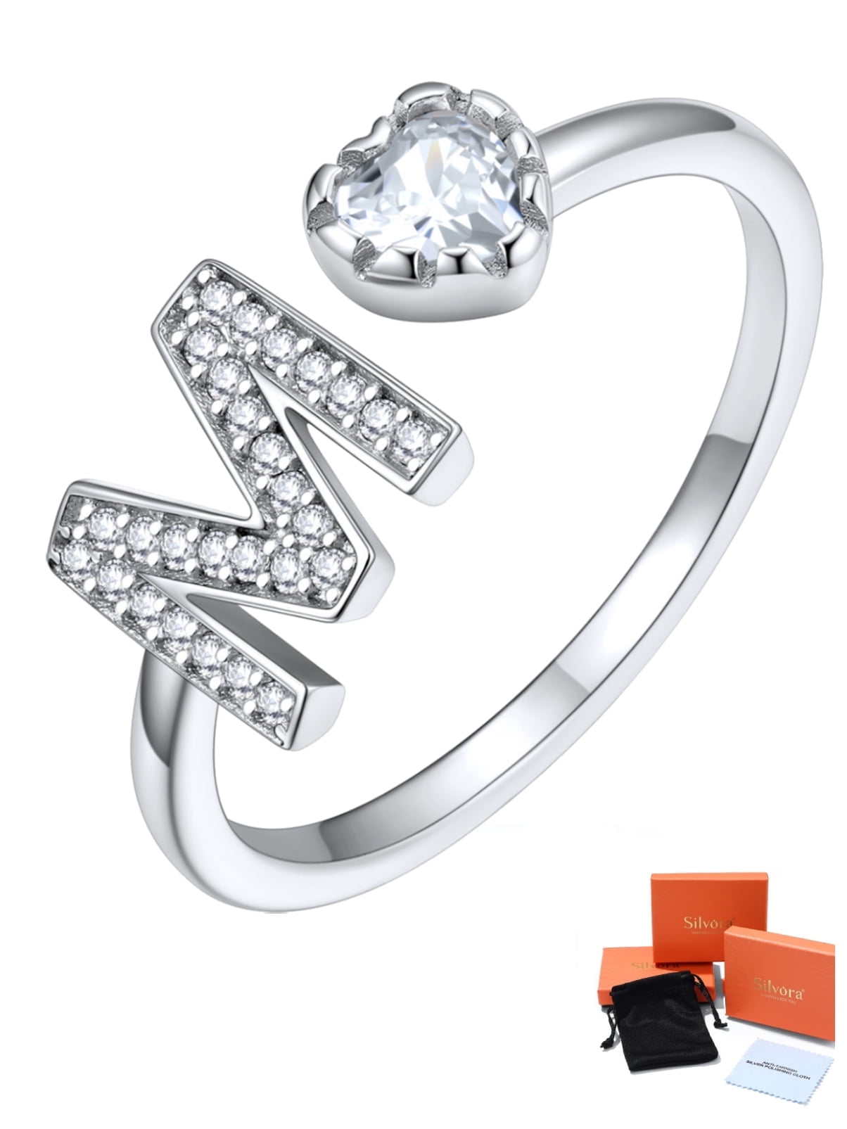 Silvora Sterling Silver Heart Open Ring for Women with Cubic Zirconia, Engagement Wedding Jewelry, Size M