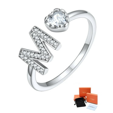 Silvora Adjustable Sterling Silver Rings for Women, M Letter Initial Heart Ring Thumb Pinky Open Band Rings Birthday Christmas Gifts