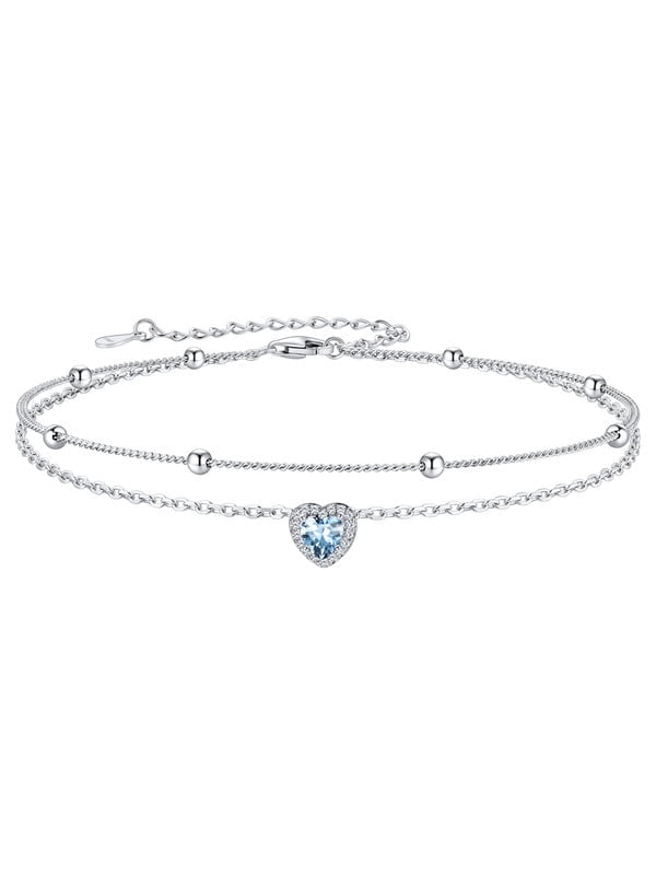 Silvora Birhstone Ankle Bracelets for Women 925 Sterling Silver Layered Waterproof Anklets Beaded Chain Heart Gemstone Summer Beach Trendy Jewelry Birthday/Mothers Gift, March