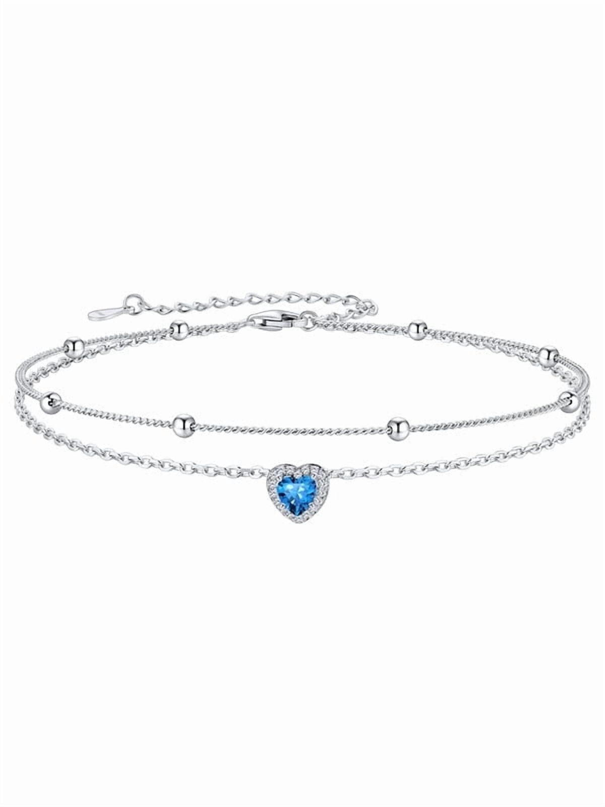 Silvora Birthstone Anklets for Women Sterling Silver Layered Waterproof Ankle Bracelets Dainty Beaded Chain Adjustable Anklet Heart Gemstone Summer Trendy Jewelry Birthday/Mothers Gift, December