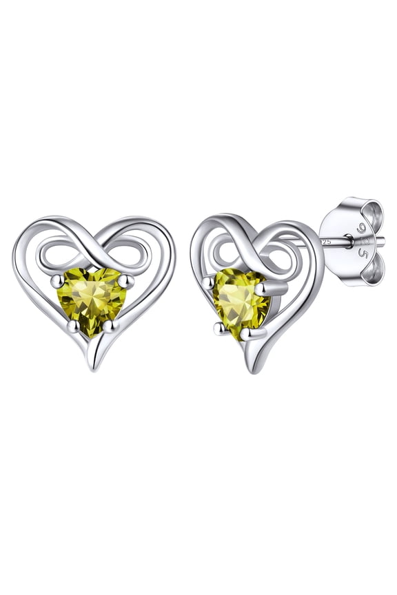 Dainty Birthstone Earrings for Women Sterling Silver Inifinity Heart Stud Earring Birthday Christmas Valentines Jewelry Gift, Green Peridot