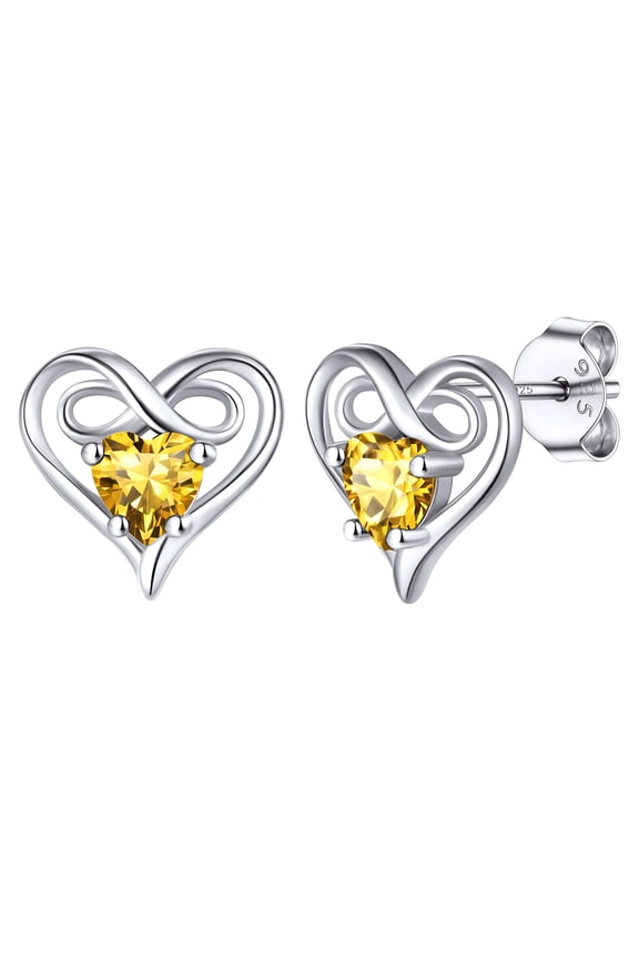 Dainty Birthstone Earrings for Women Sterling Silver Inifinity Heart Stud Earring Birthday Christmas Valentines Jewelry Gift, Yellow Citrine