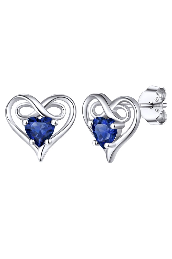 Dainty Birthstone Earrings for Women Sterling Silver Inifinity Heart Stud Earring Birthday Christmas Valentines Jewelry Gift, Blue Sapphire
