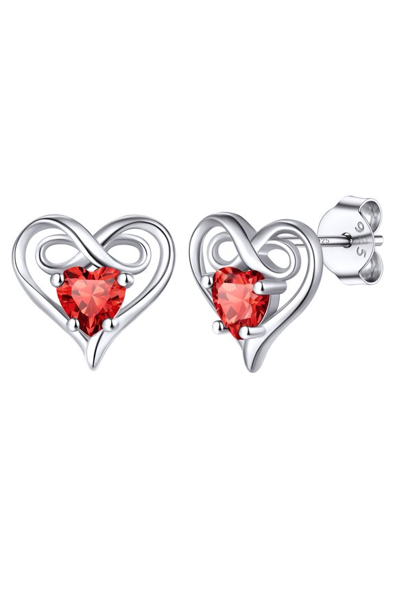 Dainty Birthstone Earrings for Women Sterling Silver Inifinity Heart Stud Earring Birthday Christmas Valentines Jewelry Gift, Red Ruby