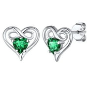 SILVORA Dainty Birthstone Earrings for Women Sterling Silver Inifinity Heart Stud Earring Birthday Christmas Valentines Jewelry Gift, Green Emerald