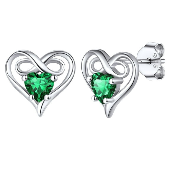 Silvora Dainty Birthstone Earrings for Women Sterling Silver Inifinity Heart Stud Earring Birthday Christmas Valentines Jewelry Gift, Green Emerald