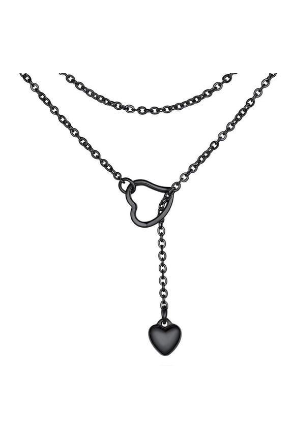 Black Long Necklaces for Women Trendy Drop Heart Pendant Lariat Y-Necklaces Adjustable Long Chain Elegant Jewelry Gifts for Daughter Mom Birthday Mother's Day