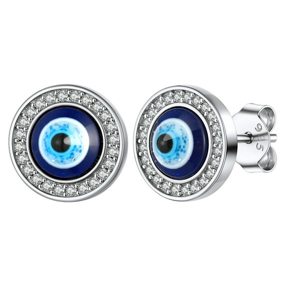 Silvora Blue Eye Stud Earrings with Sparking Cubic Zirconia, Fashion Sterling Silver Evil Eye Earrings Cartilage Piercing Jewelry Gift