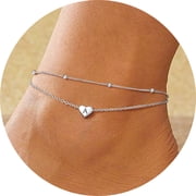 Silvora 925 Sterling Silver Double Layer Anklets for Women Initial Charm Letter Ankle Bracelet Waterproof Birthday Christmas Valentines Jewelry Gift