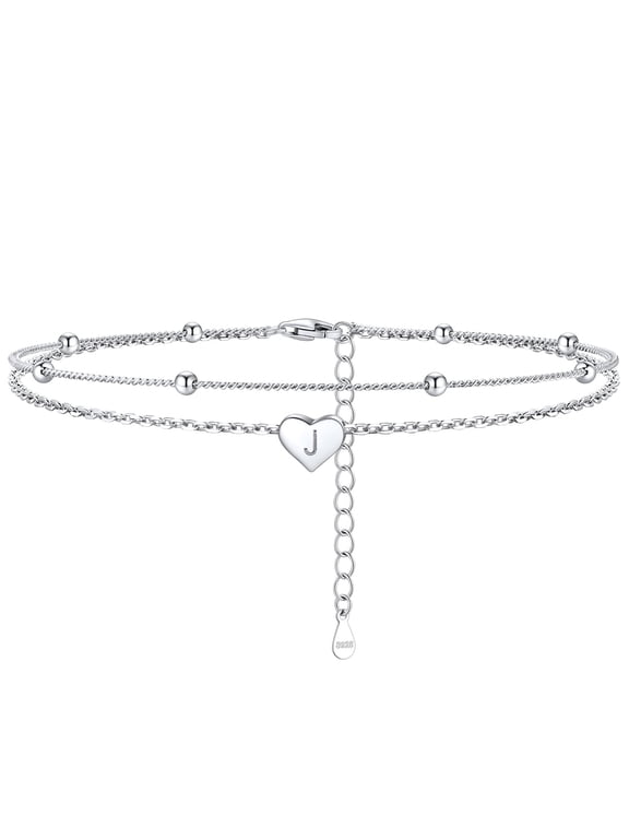 925 Sterling Silver Double Layer Anklets for Women Initial Charm Letter Ankle Bracelet Waterproof Birthday Christmas Valentines Jewelry Gift