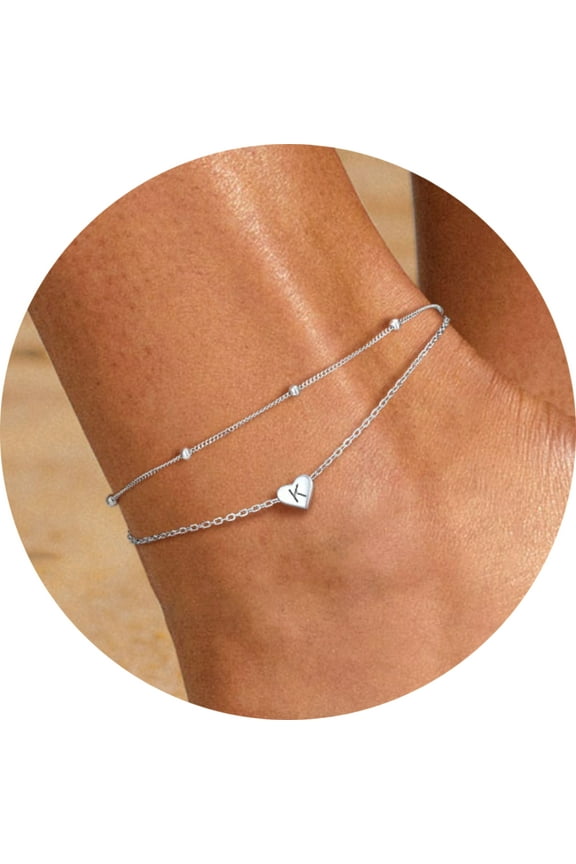 925 Sterling Silver Double Layer Anklets for Women Initial Charm Letter Ankle Bracelet Waterproof Birthday Christmas Valentines Jewelry Gift