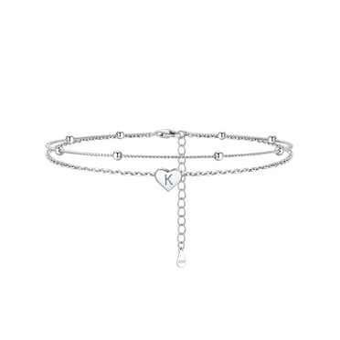Silvora Heart Initial Ankle Bracelets for Women Beaded Chain Layered Sterling Silver Anklets Waterproof Spring Summer Trendy Jewelry Birthday Mothers Day Gifts, Letter K