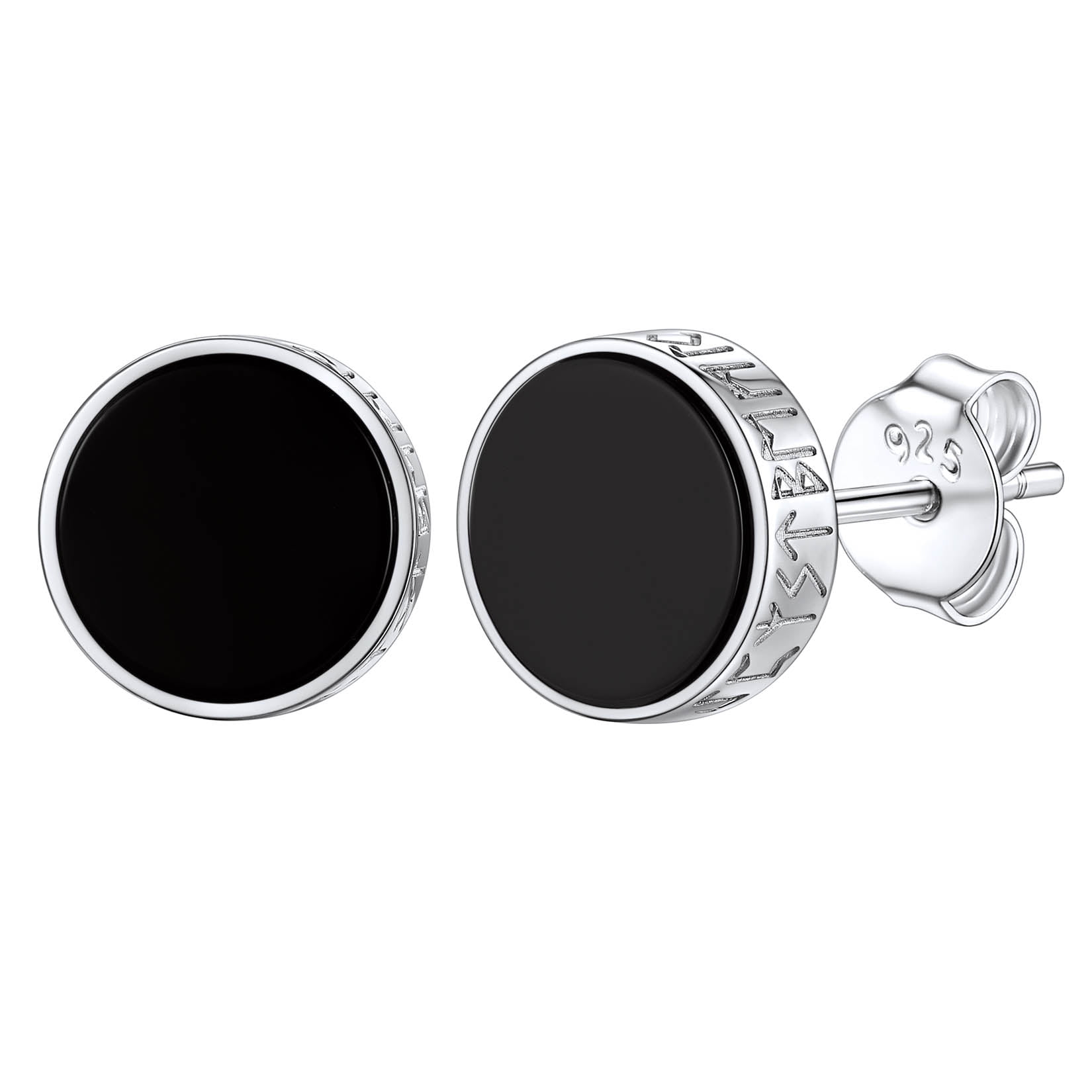 Silvora Earrings for Men 925 Sterling Silver Stud Earrings with 8MM Black Onyx Norse Viking Rune Jewelry Gift for Sensive Ears