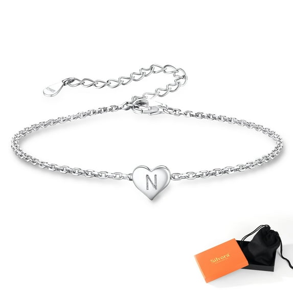 Silvora Elegant Heart Bracelet Women Sterling Silver Initial Letter N Bracelets Charms for Girlfriend Wife Mom